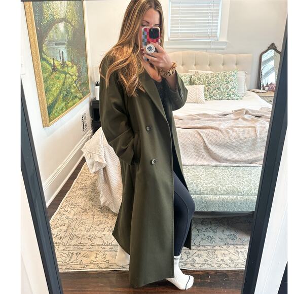 Mango Double Breasted Olive Green Long Wool Coat Small - Picture 11 of 11